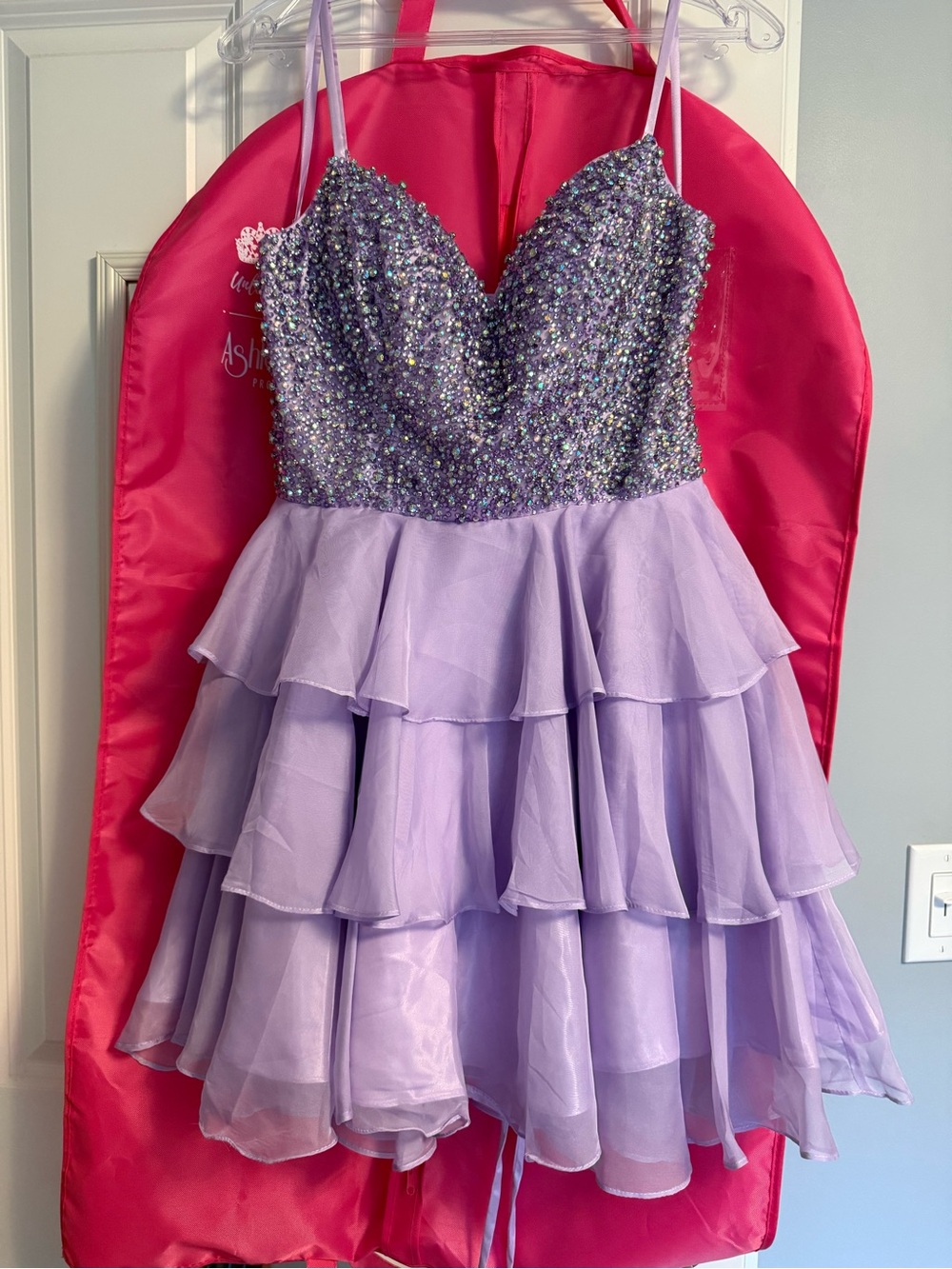 Lilac Beaded Tiered Mini Dress with Spaghetti Straps